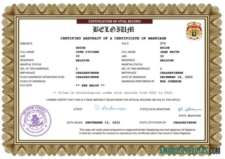 Imprimível modelo Word e PDF de certidão de casamento na Bélgica